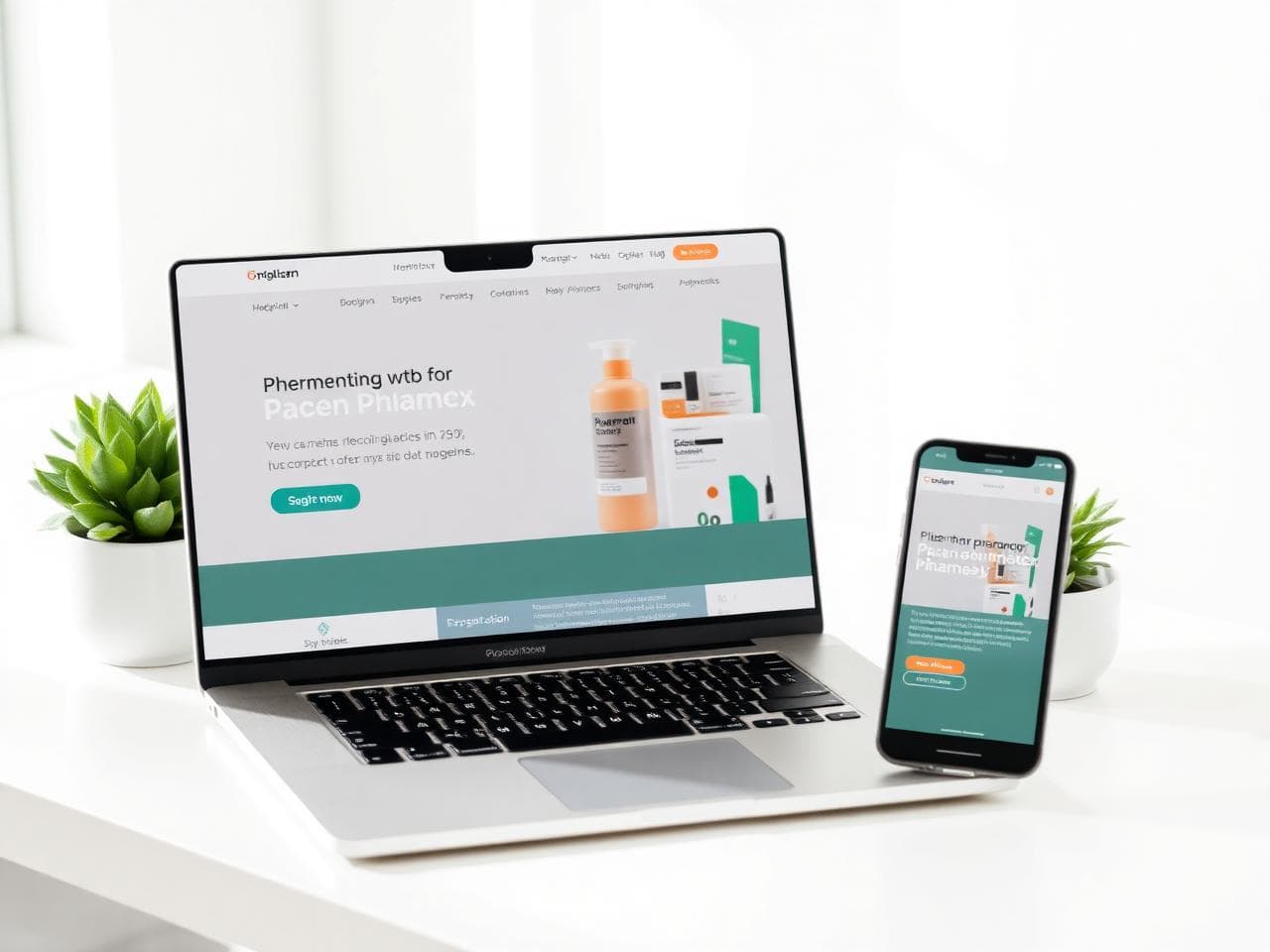 Modern pharmacy website mockup on laptop and mobile devices